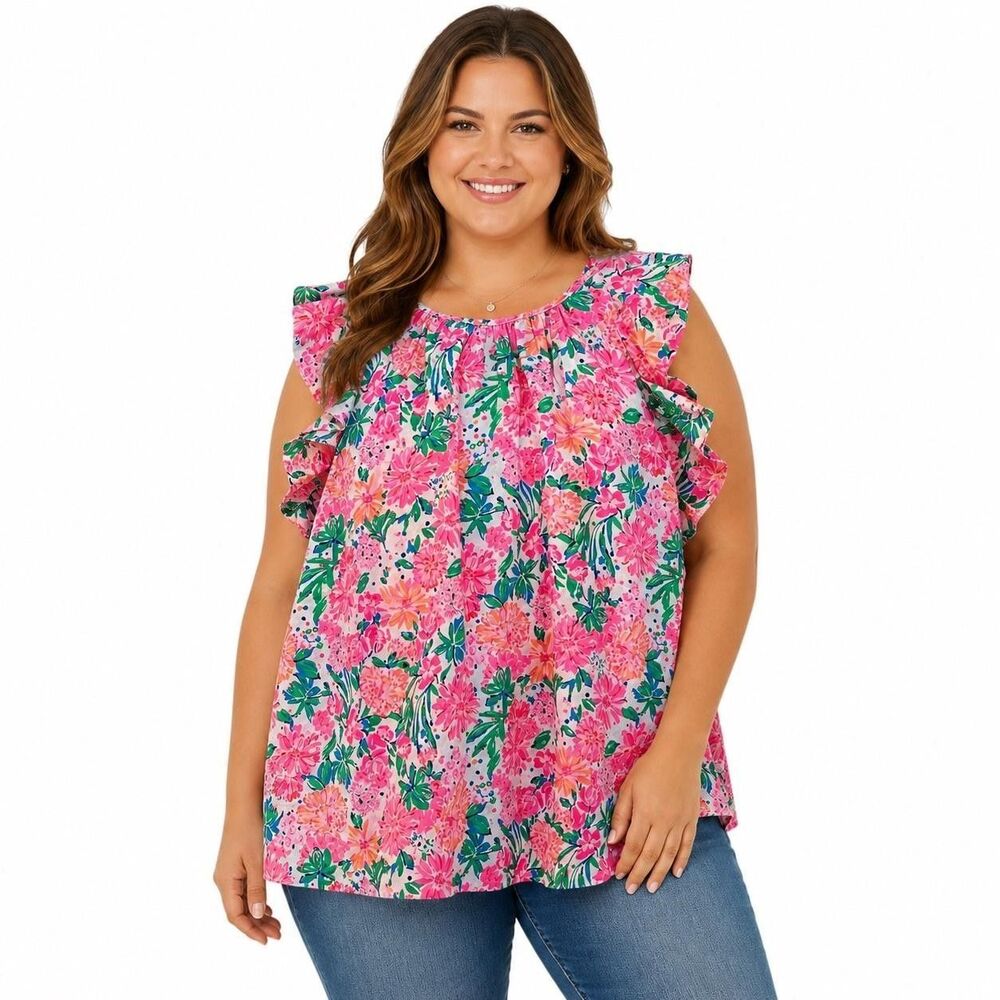 Lilly Pulitzer Blouse Womens XL Pink Floral Round Neck Ruffle Sleeveless Top
